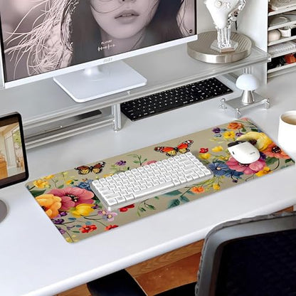 31.5”x11.8”Large Gaming Mouse Pad for Desk, Mouse Mat with Seamed Edges, Waterproof Desk Pad, Non-Slip Rubber Base, Keyboard Pad Computer Mat, Big XL Mousepad-Boho Floral with Butterflies - color: Boho Floral With Butterflies