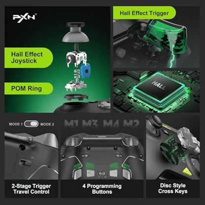 PXN P5 Wireless Gaming Controller - Hall Joystick, Hall Trigger, 6-Axis Motion, 4 Back Buttons, Compatible with PC, Switch/Switch2, iOS, Android (Black) - color: Black