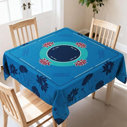 HOMBYS Elegant Lotus Mahjong Table Cloth 55x55 Inch, Square Mahjong Mat with Beginner Game Rules, Spill-Resistant Cover for Card & Tile Game Tables (Lake Blue) - color: Lake Blue