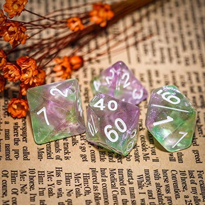 7-Die DND Dice Set Polyhedral Dice Set with a Leather Dice Bag, D&D Dice Set for RPG Table Games (Green Pink/Glitter) - color: Green Pink/Glitter