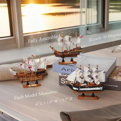 Historic Wooden Ship Models 6inch Set of 3, Mayflower, Santa Maria, USS Constitution, Nautical Ship Decor for Home Office Shelf, Maritime Collectible Gift for Son