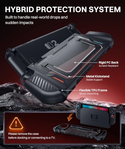 GolbinBox Hard Shell Case for Nintendo Switch 2 with Kickstand, Black | Magnetic split design, aluminum stand, military-grade protection, detachable Joy-Con covers, for travel and commuting - color: Black