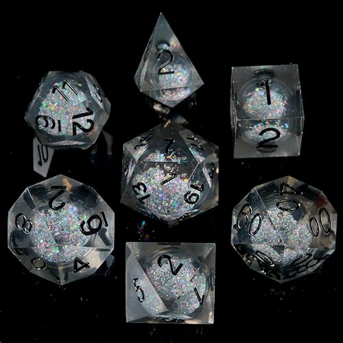 FugaCity Dice Set,Handmade Sharp Edge 7 Piece Resin Dice-Dungeon&Dragons Polyhedral Dice Set, D&D Dice Set with Gift Dice Case for RPG MTG Table Games - color: A-liquid Core Silver
