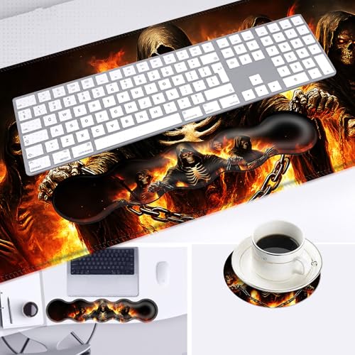 Large Mouse Pad and Keyboard Wrist Rest, Desk Pad for Keyboard and Mouse, 4-in-1 Large Gaming Mouse Pad with Wrist Support, Desk Mat for Home Office Study Game,Flaming Skull - color: Flaming Skull