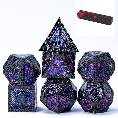 UDIXI Metal DND Dice Set, 7PCS Polyhedral Metal Dice Set D&D Dragon with Gift Box for Role Playing Games and Other Tabletop Game (Purple Sequins) - color: Chain Frame-black With Purple Sequins