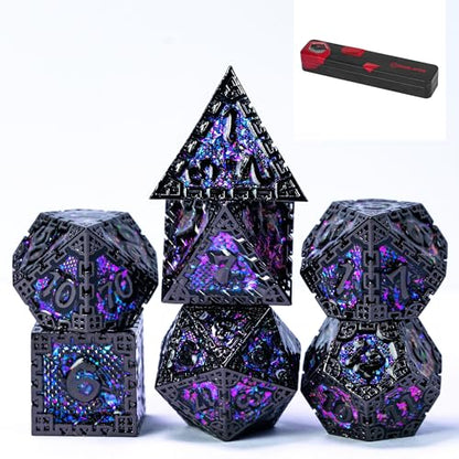 UDIXI Metal DND Dice Set Polyhedral Metal Dice Set for D&D (Purple Sequins) | 7-Pieces, Dragon Carved, Chain-edge Design, Metal Gift Box, DM Gift, for Dungeons and Dragons Role Playing Games - color: Chain Frame-black With Purple Sequins