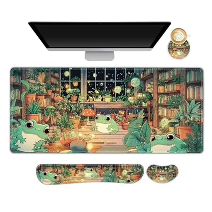 Large Gaming Mouse Pad Set, 4 in 1 Ergonomics Keyboard Desk Mat with Memory Foam Wrist Rest, Computer PC Extended Game Mousepad, Non-Slip Desk Matt Easy Typing Pain Relief I Frog & Mushroom - color: Frog & Mushroom