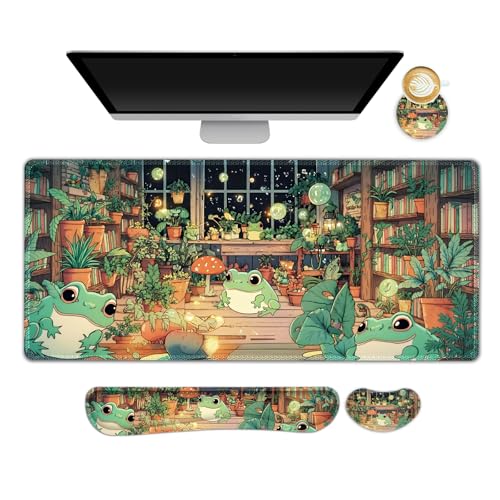 Large Gaming Mouse Pad Set, 4 in 1 Ergonomics Keyboard Desk Mat with Memory Foam Wrist Rest, Computer PC Extended Game Mousepad, Non-Slip Desk Matt Easy Typing Pain Relief I Frog & Mushroom - color: Frog & Mushroom