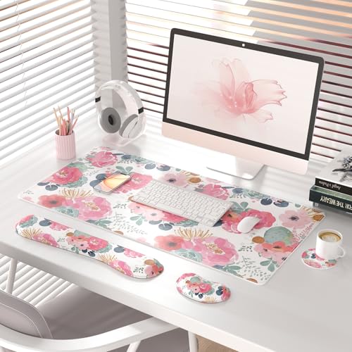 QIYI PU Leather Desk Mat Set, 4-in-1 Ergonomic Wrist Rest, Pink Flowers | Waterproof Large Mouse Pad 31.5×15.7 + Keyboard Wrist Rest + Mouse Wrist Support+Coaster, Non-Slip Office Gaming Accessories - color: Watercolor Pink Flowers