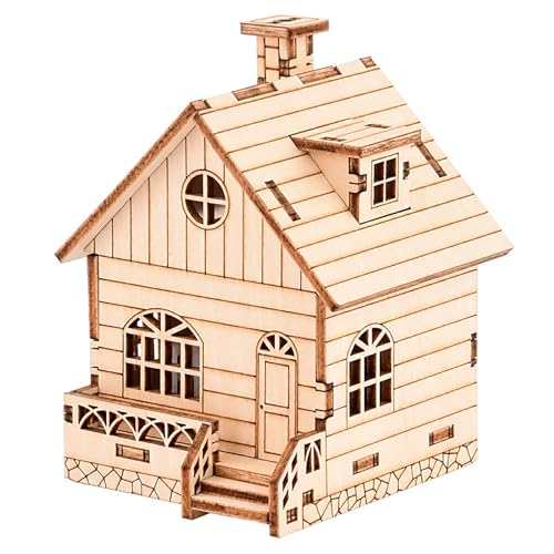 Wind-Up Music Box Log Cabin 3D Wooden Puzzle Building Model Kit | Laser-cut eco wood decor gift for teens & adults 14+, clockwork drive design, mostly glue-free music house assembly craft