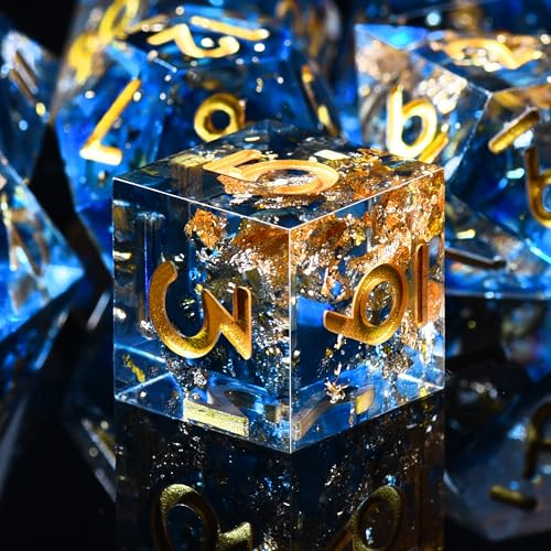 AUSTOR 7-Die DND Dice Set Handmade Sharp Edge Polyhedral Dice for Dungeons and Dragons RPG MTG Table Games（Tranlucent Blue with Glod Sequins） - color: Tranlucent Blue With Glod Sequins