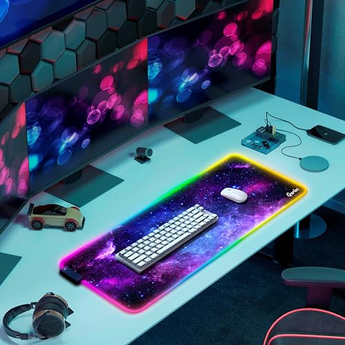 Gerlos RGB Gaming Mouse Pad, Large LED Desk Mat, 31.5 x 11.8 Inch | 12 light modes, non-slip base, water-resistant surface, stitched edges - color: Violet