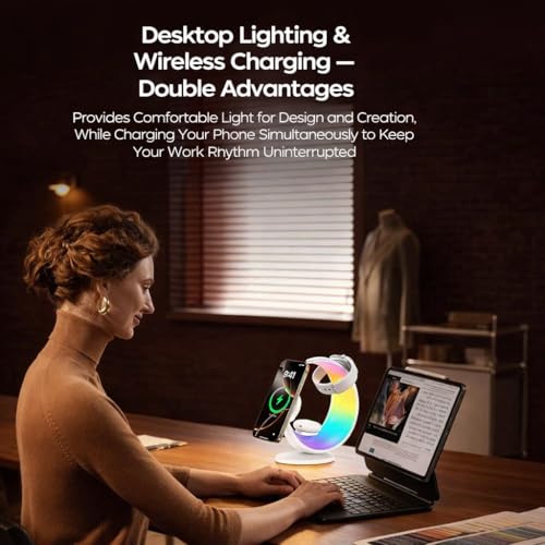 3 in 1 Magnetic Wireless Charging Station, Moon-Design | Magsafe Charger Stand, RGB Night Light, 15W Fast Wireless Charger, Foldable, For iPhone & Airpods & Watch