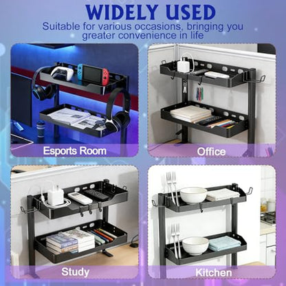 2-Tier Clamp on Desk Shelf, Dual-purpose Desk Organizer (Used on or Under Desk Storage), Desk Shelf Clamp with Hooks and High Load-bearing capacity, Suitable for Office Desk, Gaming Accessories