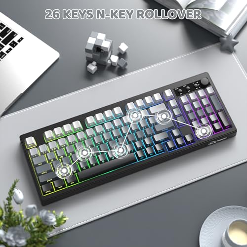 FREEWOLF K100 99 Keys Gaming Creamy Silent Wireless Keyboard with Media Knob,BT/2.4GHz/USB-C,Side Printed Keys RGB Backlit Number Pad,Retro Cute Membrane Computer Keyboard for PC/MAC-Gradient Black - color: Gradient Black