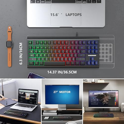 Lumsburry Computer Keyboard, 87 Keys Compact Wired USB Keyboard with Rainbow LED Light Up Backlit for PC Gaming Laptop Teclado Gamers Office Working