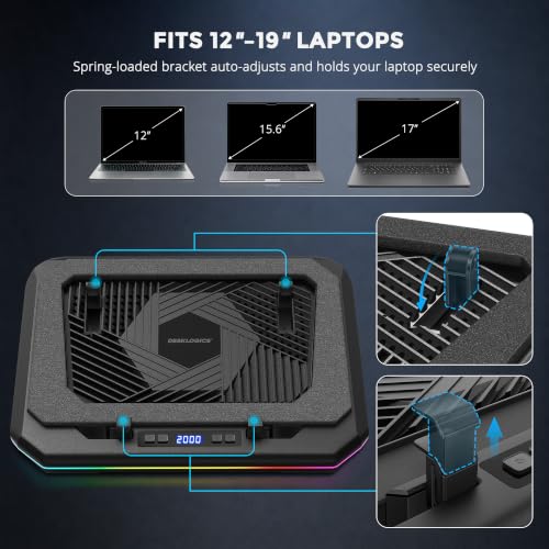 Laptop Cooling Pad, Quiet Turbo Fan Laptop Cooler for 12-19 Inch Gaming Laptop and MacBook, Height Adjustable Laptop Cooling Stand with RGB Light, Sealed Airflow Cooler Pad, USB Powered