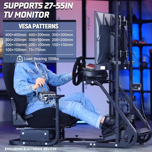 Marada Racing Cockpit with Black Seat TV Stand Fit for Logitech G923 G920 | Racing Wheel Stand Height Adjustable, with for Thrustmaster T500 T3PA TGT, for Fantec, Wheel and Pedals Not Included