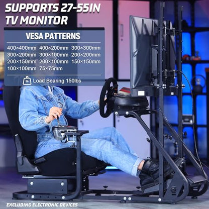 Marada Racing Cockpit with Black Seat TV Stand Fit for Logitech G923 G920 | Racing Wheel Stand Height Adjustable, with for Thrustmaster T500 T3PA TGT, for Fantec, Wheel and Pedals Not Included