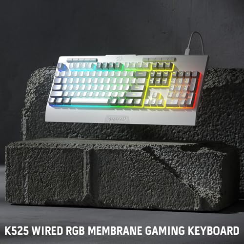 Redragon K525 RGB Backlit 104 Keys Wired Membrane Gaming Keyboard w/ 5 Multimedia Keys & 4 Extra On-Board Macro Keys, Dedicated Media Control, Ergonomic Wrist Rest, Linear Mechanical-Feel Switch - color: White, size: 104 Keys Lite