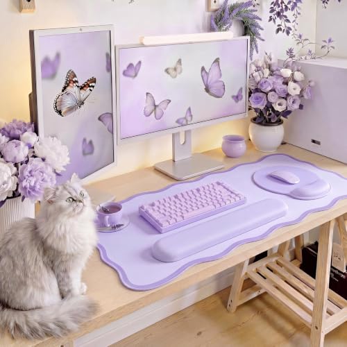 Sabary Scalloped Desk Mat Keyboard Mouse Pad Set Purple 31.5 x 15.7 Inch Preppy Table Mat Keyboard Wrist Rest Cute Aesthetic Mouse Pad with Wrist Rest Coaster Ergonomic Non-slip Waterproof Gaming Desk - color: Purple, size: 31.5 x 15.7 Inch