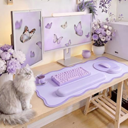 Sabary Scalloped Desk Mat Keyboard Mouse Pad Set Purple 31.5 x 15.7 Inch Preppy Table Mat Keyboard Wrist Rest Cute Aesthetic Mouse Pad with Wrist Rest Coaster Ergonomic Non-slip Waterproof Gaming Desk - color: Purple, size: 31.5 x 15.7 Inch