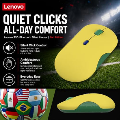 Lenovo 350 Bluetooth Silent Mouse (Fan Edition), Wireless Ergonomic Ambidextrous Design, Bluetooth 5.3, Adjustable DPI up to 2400, 36 Month Battery Life, Recycled Materials, Brazil Flag - color: Brazil Flag