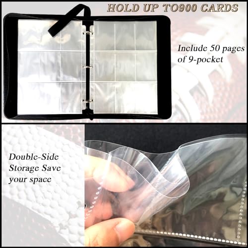 Trading Card Binder 900 Pockets, Football Card Binder Holder with 50 Removable Sleeves Fits 900 Sport Cards, Football Card Gifts Collector Album with Zipper Storage Display Case - size: 900 Pockets Football