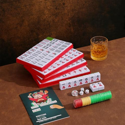 Mose Cafolo Traditional Chinese Mahjong Set – 144 Melamine 34mm Standard Size Tiles + 2 Spare Tiles, No Arabic Numerals, Travel Case, Complete Mahjong Game, Green - color: Green