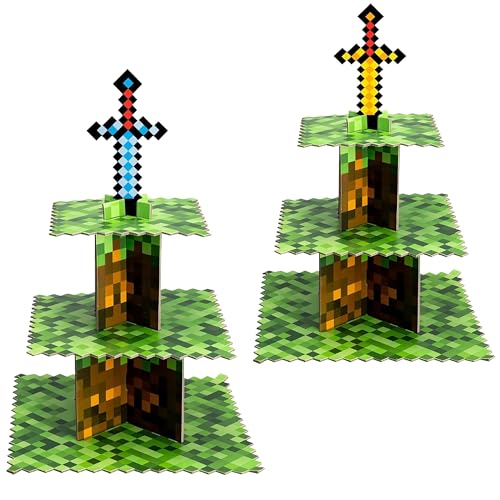 Pixel Block Cupcake Stand 3 Tier - Retro Gaming & Anime Cake Topper Holder for Birthday Party Decorations, Baby Shower Supplies, Pixel Art Centerpiece (2pc)