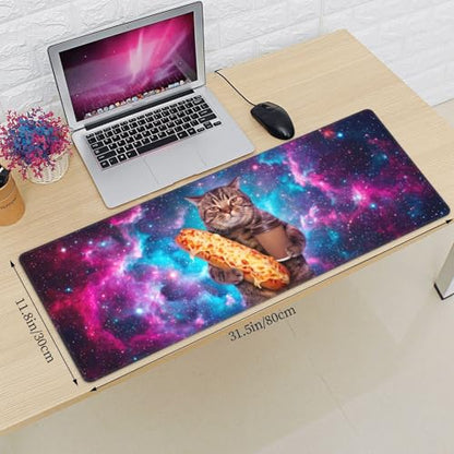 Funny Space Cat Large Mouse Pad, XL Extended Gaming Mousepad (31.5 x 11.8 in), Non-Slip Rubber Base Desk Mat with Stitched Edges for Office & Gaming, Pizza & Coffee Design - color: 22