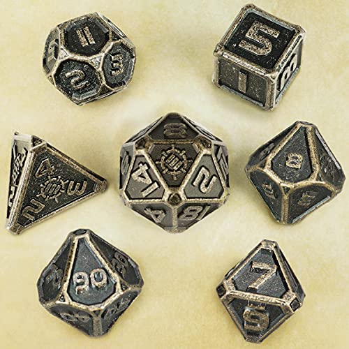 ENHANCE DND Metal Dice Set - 7pc Polyhedral Dice with Storage Case and Drawstring Bag - Solid Metal Set for Dungeons and Dragons, Pathfinder, More RPGs (Ancient Bronze) - color: Ancient Bronze