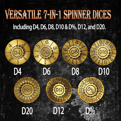 Metal DND Dice Set 7-in-1 D4-D20 3D Dragon Case Leather Bag Golden | 7 in 1 metal polyhedral dice. D4-D20 dnd spinner. 3D dragon case. Leather storage bag. Zinc alloy. DND RPG TTRPG gift. - color: Retro Golden