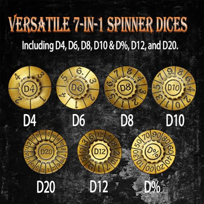 Metal DND Dice Set 7-in-1 D4-D20 3D Dragon Case Leather Bag Golden | 7 in 1 metal polyhedral dice. D4-D20 dnd spinner. 3D dragon case. Leather storage bag. Zinc alloy. DND RPG TTRPG gift. - color: Retro Golden