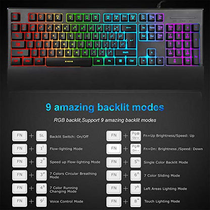 MFTEK RGB Rainbow Backlit Gaming Keyboard, XXL Extended Large Gaming Mouse Pad, LED Lighted Wired Gaming Mouse, Programmable Gaming Keyboard and Mouse Combo for Working