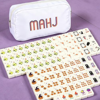 Soulchen Mini American Mahjong Tile Set Include 160 0.8 Inch Mahjong Tiles 2 Dice 4 Wooden Rulers 1 Accessory Bag 4 Beginner Rule Cards(Halloween) - style: Halloween