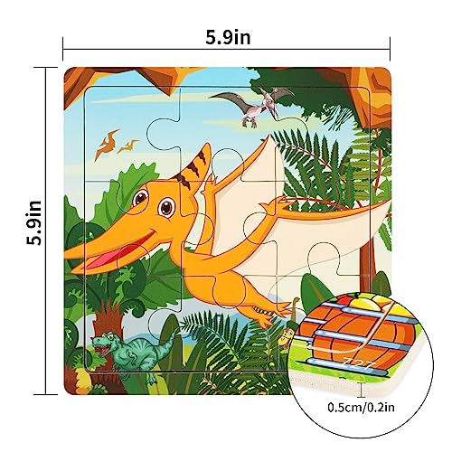 SANNIX 12 Pack Dinosaurs Animals Jigsaw Puzzles with 12 Organize Bags | Wooden Dinosaurs Toddlers Puzzles, for Kids Ages 3-6, Party Favors Educational Learning, Travel Toys for Boys and Girls - style: Dinosaurs + Animals