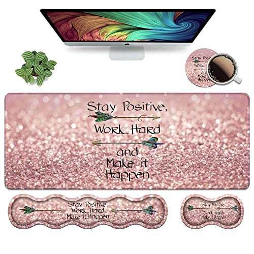 Ergonomic Keyboard Wrist Rest & Mouse Pad Wrist Rest Set, Inspirational Quote Stay Positive Work Hard and Make It Happen Pattern Large XXL Gaming Desk Mat, Memory Foam, Easy Typing Pain Relief - color: Inspirational Quote Stay Positive Work Hard and Make