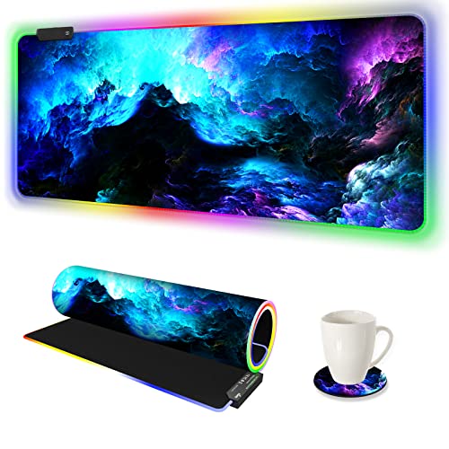 ARTSO RGB Gaming Mouse Pad Large, Extended LED Mouse Mat XXL 35.4x15.7 inch, 14 Lighting Modes, 2 Brightness, Non-Slip Rubber Base Mousepad Waterproof Keyboard Mat,Fantasy Nebula Sky - color: Fantasy Nebula Sky