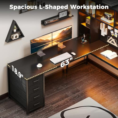 AODK 63" L Shaped Desk for Gaming and Working，Black | PC Desk with Hutch, Pegboard & Shelves, 4 Drawers, Integrated LED Light Strip & Power Outlets, Reversible - size: 63 Inch