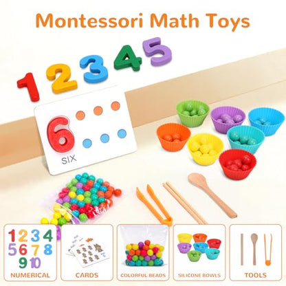 Wooden Peg Board Bead Game, Montessori Arithmetic Math Toy Set | beads, chopsticks & spoons, children's preschool fine motor toys for 3 4 5 years old