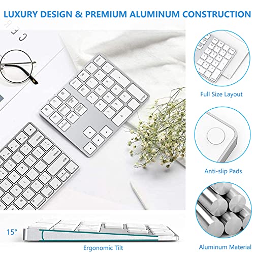 Lekvey Bluetooth Number Pad, Aluminum Rechargeable Wireless Numeric Keypad Slim 34-Keys External Numpad Keyboard Data Entry for Laptop, MacBook, MacBook Air/Pro, iMac, Windows, Surface Pro - Silver - color: White and Silver
