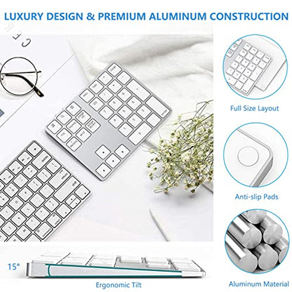 Lekvey Bluetooth Number Pad, Aluminum Rechargeable Wireless Numeric Keypad Slim 34-Keys External Numpad Keyboard Data Entry for Laptop, MacBook, MacBook Air/Pro, iMac, Windows, Surface Pro - Silver - color: White and Silver