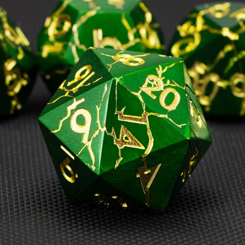 DND Dice Set Metal,Polyhedral D&D Metallic Heterotypic D and D Dice with Cracks for Dungeons and Dragons RPG TTRPG 7-Die Set with Gift Case (Crack, Green and Gold) - color: Green and Gold