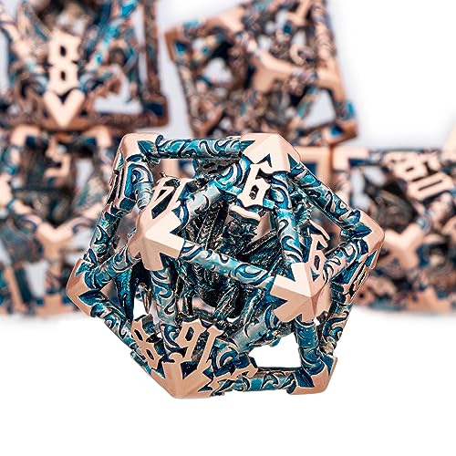 ARUOHHA Hollow DND Dice Set Copper Blue 5-Headed Dragons D and D Dice with Gift Box, Role Playing Games 7PCS Metal RPG Dungeons Polyhedral Dice D20 D12 D10 D8 D6 D4 - color: Copper Blue-02