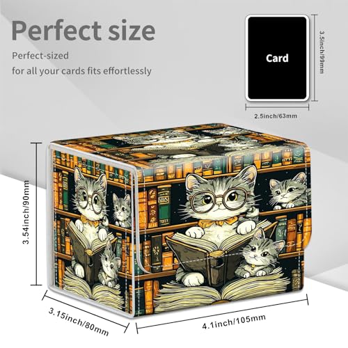 Cats Reading Books for MTG Deck Box, 100+ Double Sleeved Card Storage Case, PU Leather Commander Deck Case for TCG Magic Yugioh, Magnetic Closure - color: Cats Reading Books