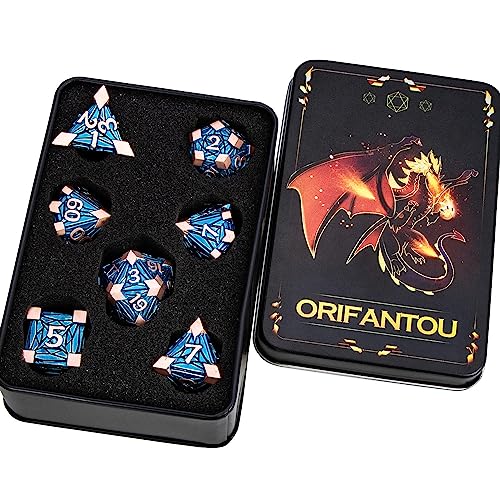 7PCS Metal DND Dice Set with Box, Debris RPG Copper Blue D and D Dice for use with D&D Tabletop Games Role Playing Game Polyhedral Dice Set D20 D12 D10 D8 D6 D4 - color: Chartreuse