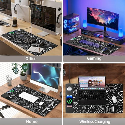 Magnetic Wireless Charging Mouse Pad, 31.5"x15.8" XXL Desk Mat | Gaming Mousepad, Ultra-Smooth Surface, Non-Slip Rubber Base, Waterproof Computer Keyboard Pad, Black and Topographic Line - color: Black and Topographic Line - 31.5"x15.7"