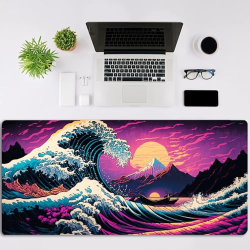 Simpkeely Japanese Sea Wave Mouse Pad, Blacklight Kanagawa Waterproof Gaming Extended Large Desk Pad Long Computer Keyboard Big Mouse Mat with 3mm Non-Slip Rubber Base for Office Home - 31.5" x 11.8" - color: Japanese Sea Wave