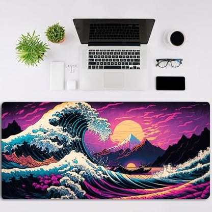 Simpkeely Japanese Sea Wave Mouse Pad, Blacklight Kanagawa Waterproof Gaming Extended Large Desk Pad Long Computer Keyboard Big Mouse Mat with 3mm Non-Slip Rubber Base for Office Home - 31.5" x 11.8" - color: Japanese Sea Wave